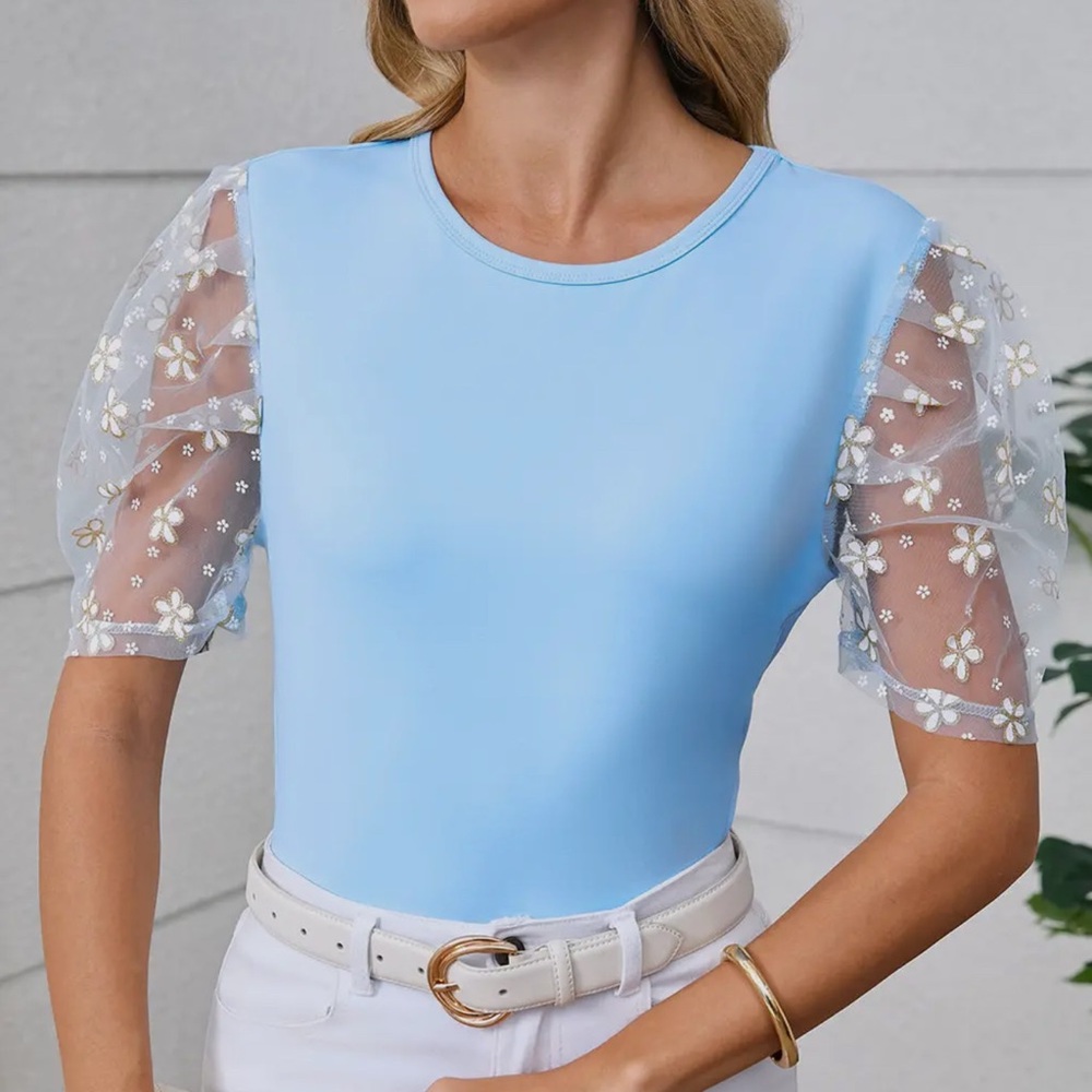 Elegant Light Blue Floral Sleeve Bodysuit